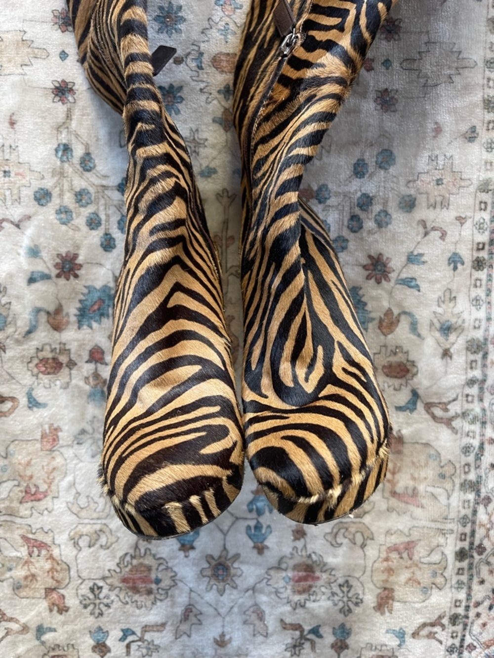 Prada Brown and Black Zebra-Print Knee High Pony Hair Platform Boots - Picture 7 of 13